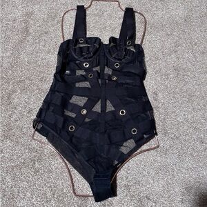 Honey Birdette Black Strappy One-Piece lingerie with Grommet Details